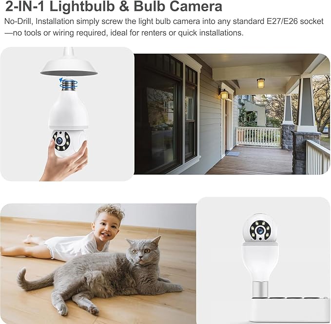 Light Bulb Security Camera, 5G&2.4GHz WiFi Light Bulb Camera Outdoor, 2-in-1 LED Lightbulb Camera for Home Security, Two-Way Talk,Color Night Vision, E27 Light Socket Compatible(2Pack)