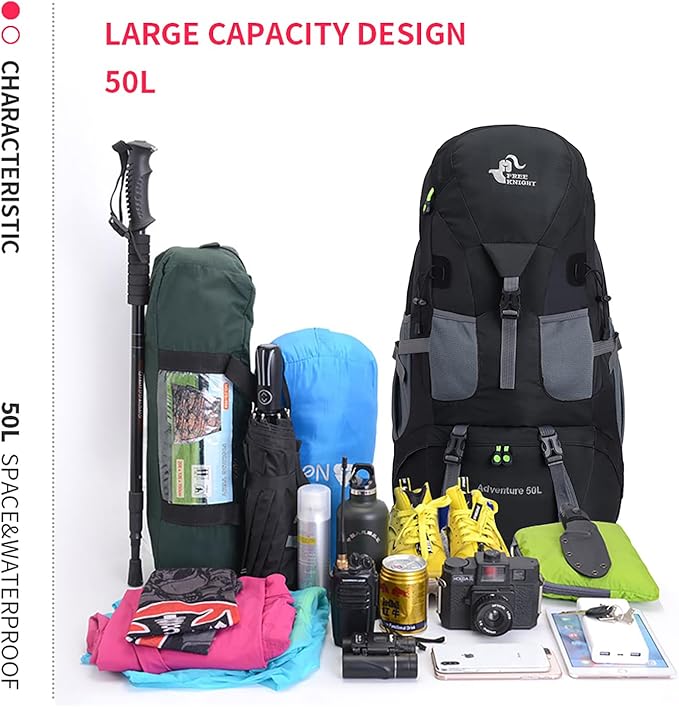 Bseash 50L Hiking Backpack, Water Resistant Lightweight Outdoor Sport Daypack Travel Bag for Camping Climbing Skiing Cycling (Black - No Shoe Compartment)
