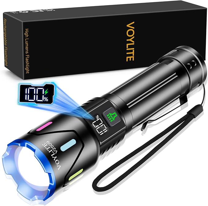 Flashlights High Lumens Rechargeable 5000mAh with LCD Power Display, Super Bright 100000 Lumen Flashlight, IPX7 Waterproof, 3 Modes & Zoomable (1500m), Belt Clip for Camping, Hiking, Emergency