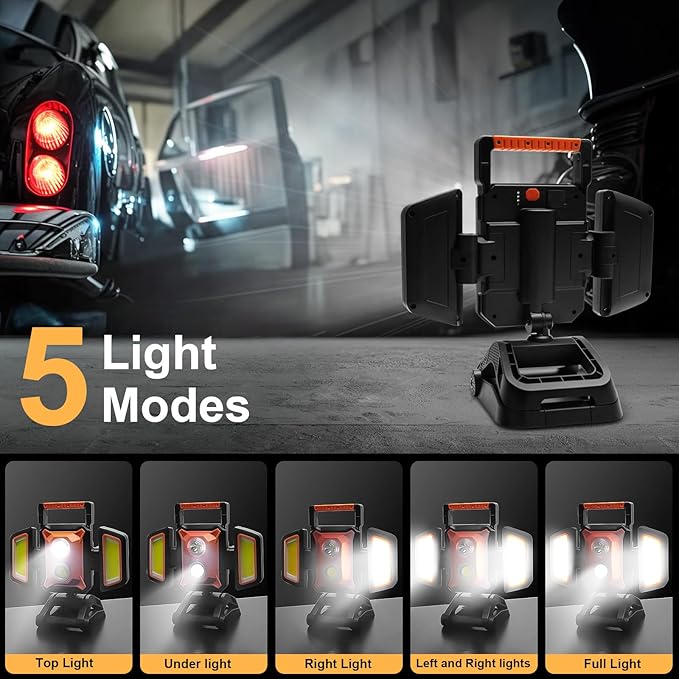 Tresda 4000LM LED Work Light Rechargeable with Clamp, 40W Magnetic Work Light Battery Powered with 5 Light Modes, 350° Rotation, Portable Job Site Lighting for Construction Site,Workshop,Car Repairing