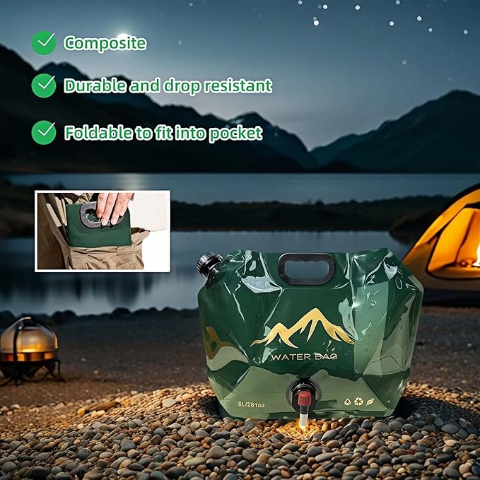 8L/281oz Outdoor Collapsible Water Jug BPA-Free w/Adjustable Faucet - Portable Leakproof Water Storage for Camping, Hiking, Travel & Emergencies (Blackish green)