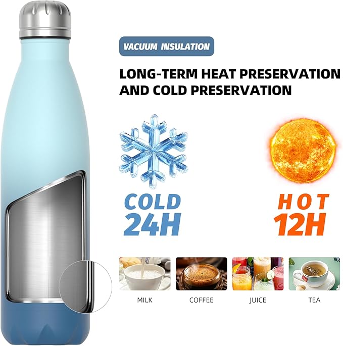 WATERSY Stainless Steel water bottles,17oz/500ml Insulated Water Bottles,Ocean Blue metal water bottle Keeps Drink Cold and Hot,BPA Free kids water bottles for School,Gym,Travel,Sports