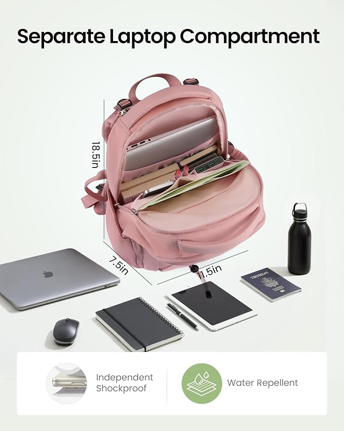 LOVEVOOK Everyday Laptop Backpack for Women Men With Giant Tumbler Holder,15.6 Inch Classic Travel Work College Teacher Carryon Backpack Purse,Waterproof Computer laptop Bag Hiking Backpack,Light Pink