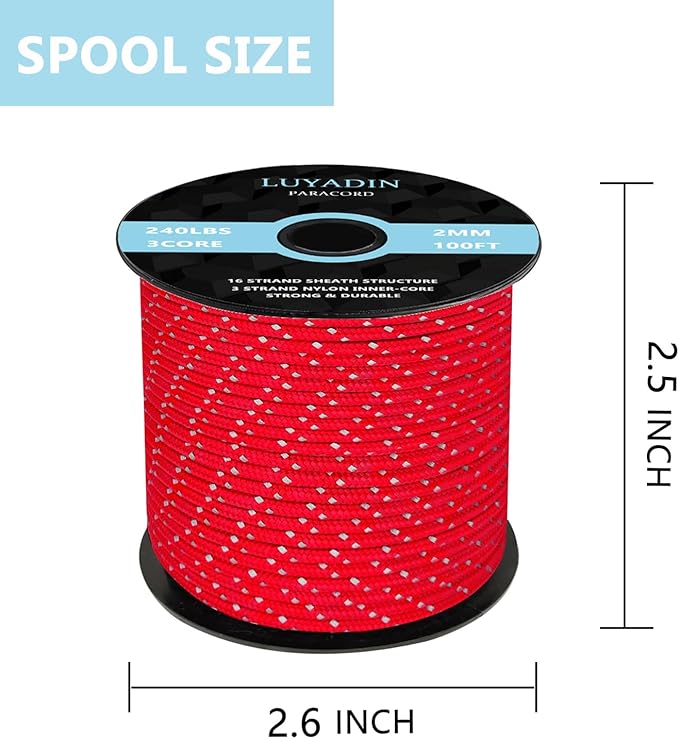 Reflective Paracord 240lb - Diameter 2mm Micro Utility Cord -3 Strand Parachute Spool Cord - 100ft 200ft,Paracord for Camping,Hiking,Fishing,Outdoor and DIY