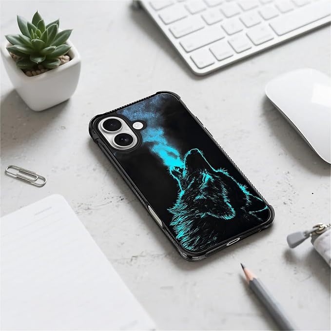 for iPhone 17 Case,for MagSafe Graphic Design for Girl Boy Soft Silicone Hard Acrylic Shock Protection Designed for iPhone 17 Blue Breathing Wolf Pattern