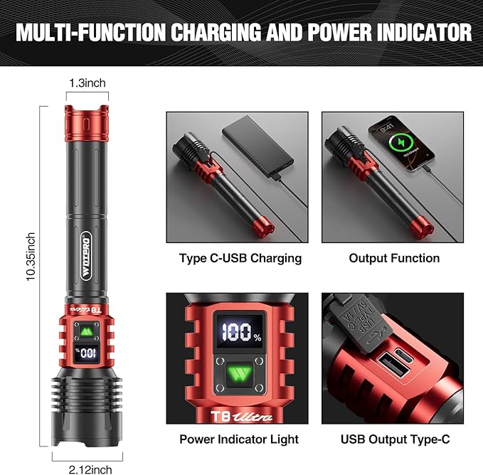 WdtPro Rechargeable LED Flashlights High Lumens, Super Bright 90000LM Rechargeable Flashlight with LCD Display, 5 Modes & Waterproof Powerful 10000mAh 30H Flashlight for Camping Emergency Red