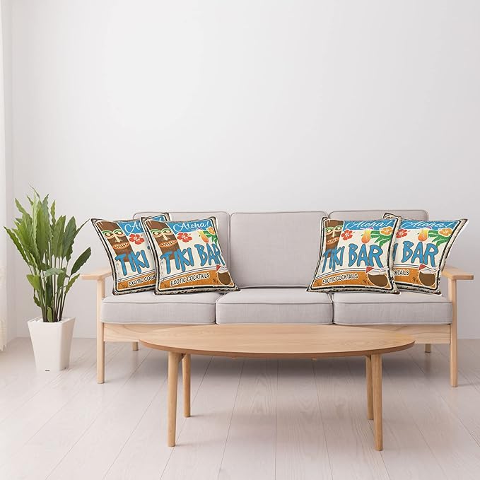 Ambesonne Tiki Bar Decorative Throw Pillow Case Pack of 4, Rusty Vintage Sign Aloha Exotic Cocktails and Coconut Drink Antique Nostalgic, Cushion Cover for Couch Living Room Car, 16", Brown Blue