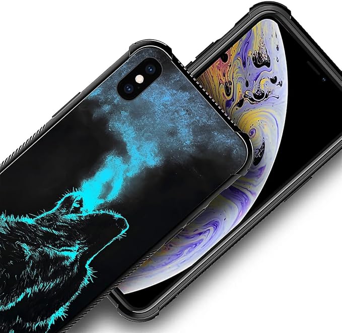 for iPhone X/Xs Case, Blue Breathing Wolf Pattern Graphic Design Girl Boy Soft Silicone Hard Acrylic Shock Protection for iPhone X/Xs
