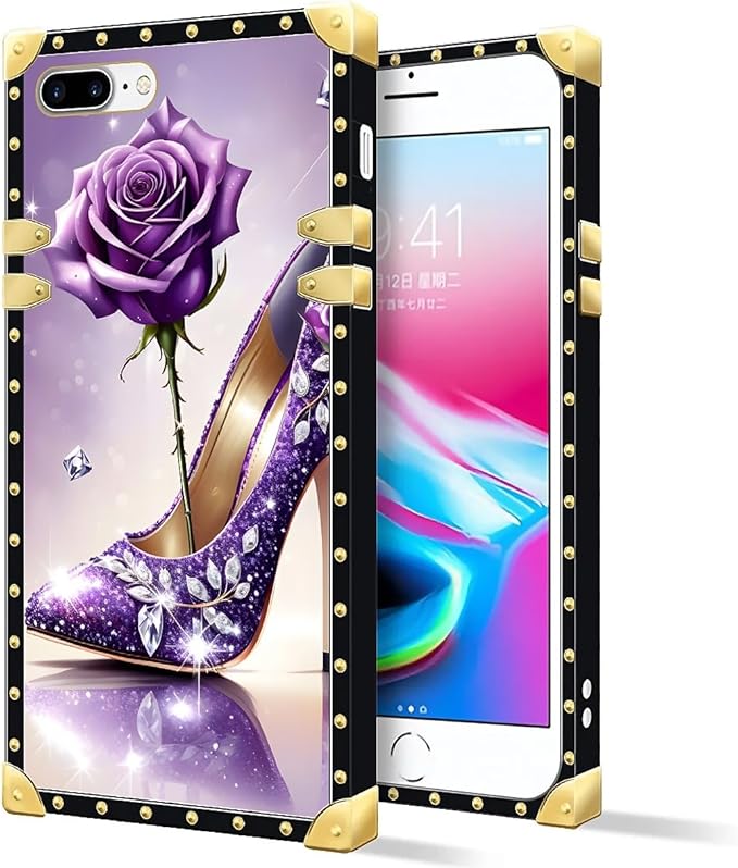 Compatible with iPhone 8 Plus 7 Plus Case, High Heeled Purple Diamond Rose Luxury Golden Decoration for Girl Women Soft TPU Shockproof Protective Hard PC Back for iPhone 8 Plus 7 Plus