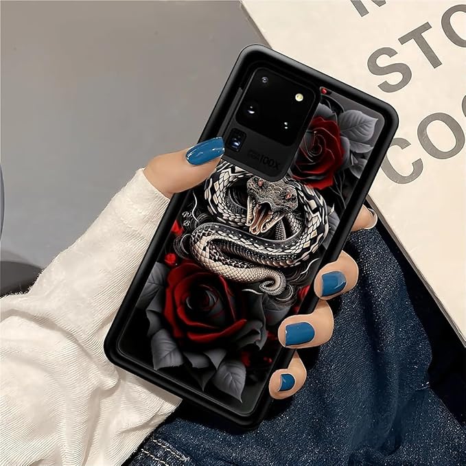 for Samsung Galaxy S20 Ultra Case, Entwined Rose Snake Pattern Graphic Design Girl Boy Soft Silicone Hard Acrylic Shock Protection for Samsung Galaxy S20 Ultra
