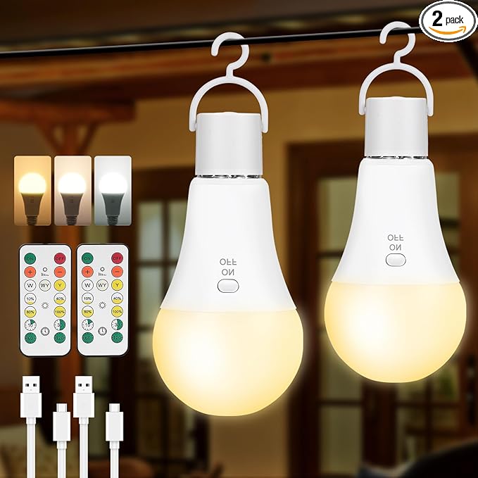 2 Pack Rechargeable Light Bulbs, Battery Operated Light Bulbs with Remote, Keep Lighting During Power Outage, 2600mAh A19 Emergency Wireless Battery Light Bulb with 3 Colors, Dimmable, Timer for Home