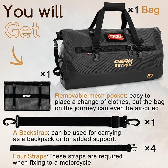OSAH DRYPAK Waterproof Duffel Bag 25L/40L/60L – Heavy-Duty Motorcycle Tail Bag, Roll-Top Dry Bag for Travel, Camping, Boating, Kayaking, Outdoor Adventure