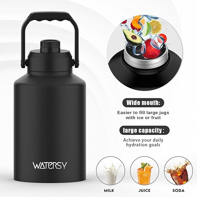 WATERSY 1 Gallon Water Bottle Insulated(Cold for 48 Hrs),BPA Free&Leak Proof,128oz Stainless Steel Water Jug with Handle for Gym,Hiking,Camping&Travel,Black Large Thermo