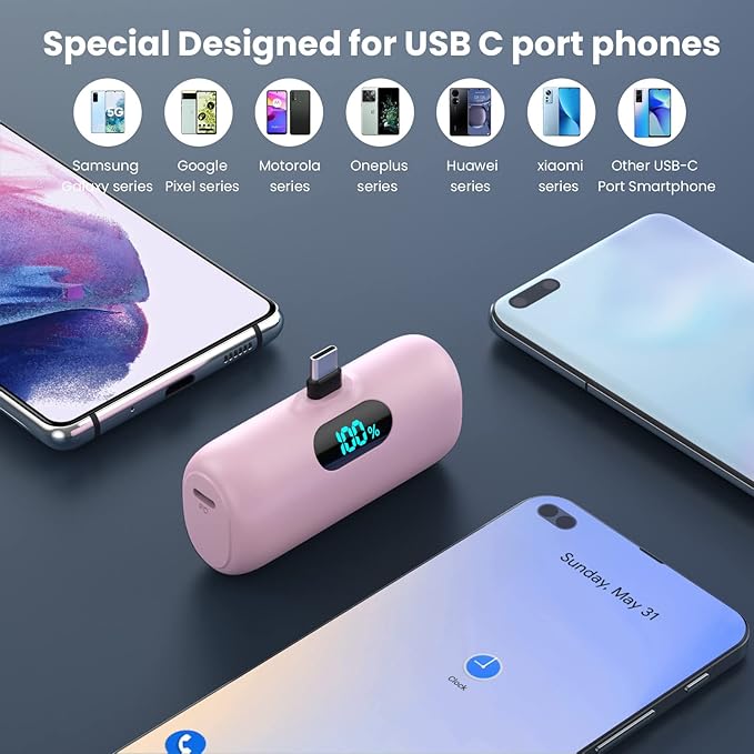 Feob Mini Portable Charger 5000mAh Power Bank,15W PD USB C Cell Phone Portable Power,LCD Display Battery Pack Compatible with iPhone 17/Air/17 Pro/17Pro Max/16/15 Android/Samsung/Moto(Type-C Only)