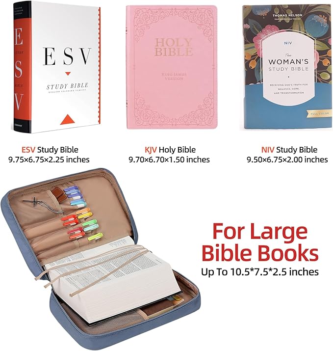 FINDCOZY Bible Cover for Women, Durable Carrying Book Case Church Bag for Biblical Accessories with Handle and Zippered Pocket,Blue-Grey