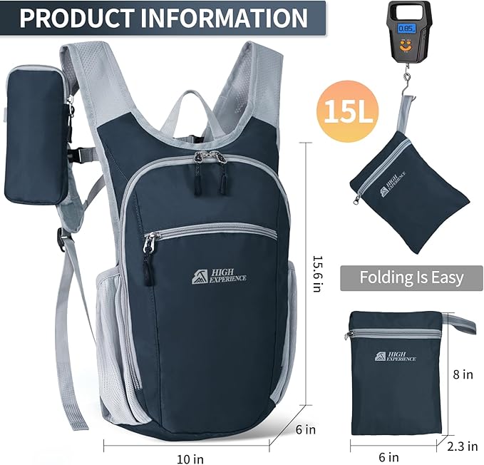 Hiking Backpack 10L/15L Small Daypack Lightweight Packable Travel Foldable Water Resistan for Women Men (Gray, 15L)