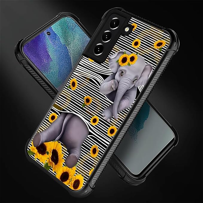 for Samsung Galaxy S22 Case, Cute Little Elephant Sunflower White Line Art Pattern Graphic Design Girl Boy Soft Silicone Hard Acrylic Shock Protection for Samsung Galaxy S22