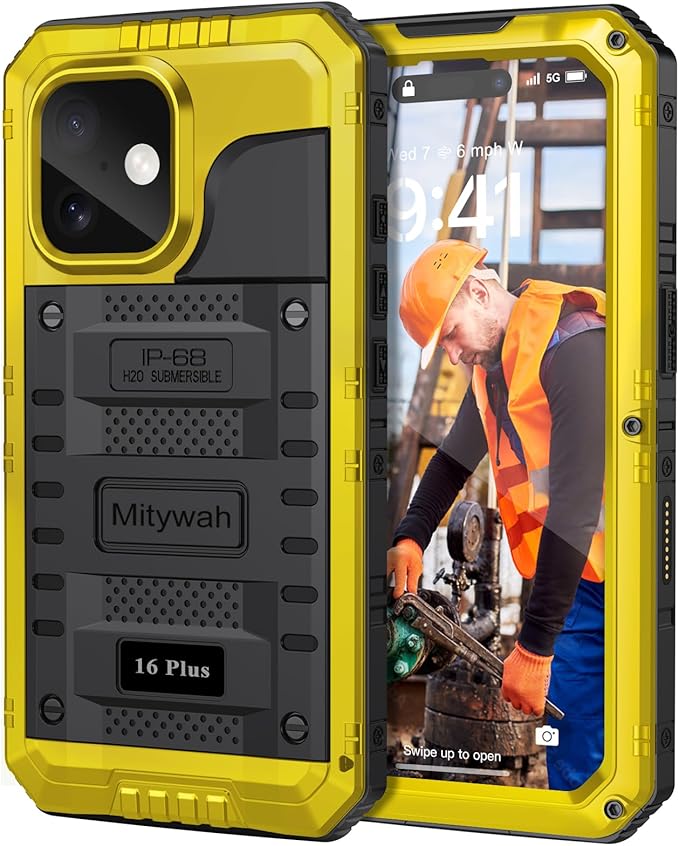 Mitywah Waterproof Case for iPhone 16 Plus, Shockproof Heavy Duty Case with Built-in Screen Protector, Underwater Full Body Protective Metal Case 6.7 inch, Yellow