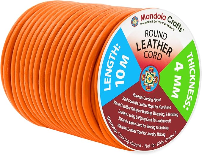 Mandala Crafts Round Genuine Orange Leather Cord for Jewelry Making – 4mm Cowhide Leather Rope String Lace for Kumihimo – 11 Yards Cowhide Craft Cording Spool