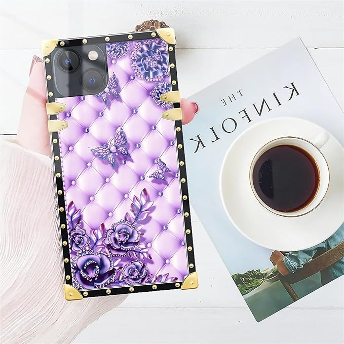 Compatible with iPhone 15 Case, Purple Butterfly Flowers Leaf Luxury Golden Decoration for Girl Women Soft TPU Shockproof Protective Hard PC Back for iPhone 15