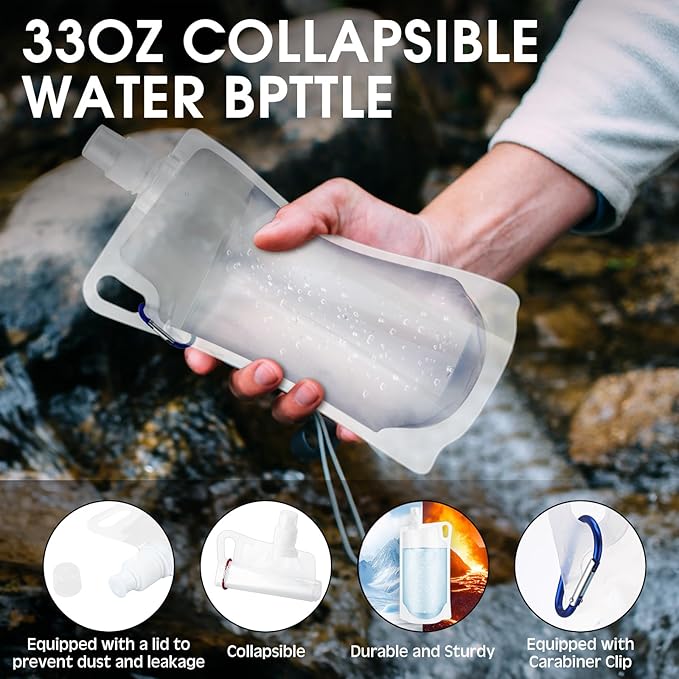 Maxdot 12 Pack 1L Collapsible Travel Water Bottles with Clip 33 oz Clear Foldable Water Pouch Container Bag for Hiking Backpacking Camping Travel Emergency