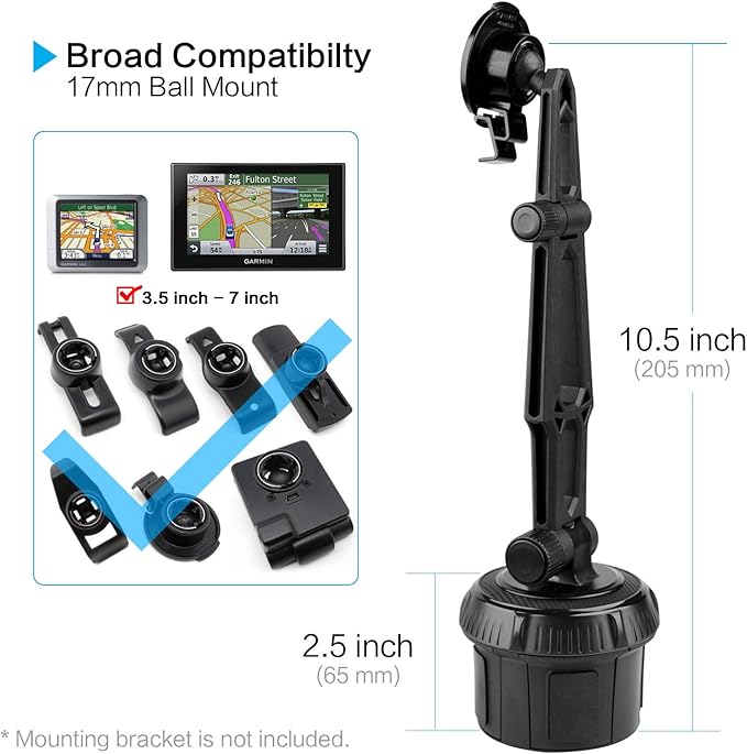 GPS Car Mount Cup Holder with Adjustable Arm for Garmin - Replacement GPS Cupholder Ball Mount for Garmin Nuvi Dezl Drive Drivesmart Zumo Driveassist DriveLuxe StreetPilot RV Portable Navigator