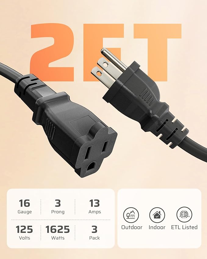 DEWENWILS 3-Pack 2FT Heavy Duty Extension Cord, 16 AWG SJTW Weatherproof Power Cable for Indoor, 3-Prong Grounded Plug for Holiday Decor/Home/Garden, ETL Listed, Black