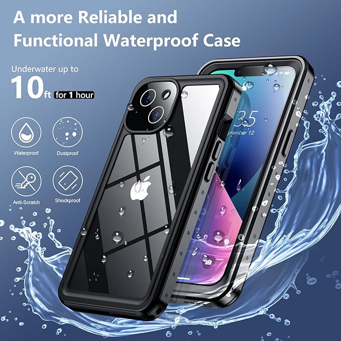SPIDERCASE for iPhone 13 Case Waterproof, Built-in Lens & Screen Protector, Full Heavy Duty Protection, 12FT Military Shockproof, Dustproof, Anti-Scratched Phone Case,Black