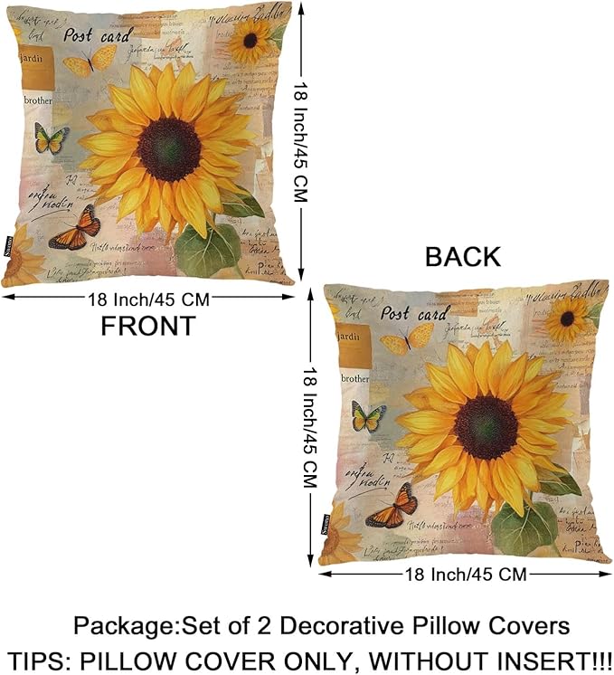 Swono Sunflower Set of 2 Decorative Throw Pillow Covers Cushion Case, Vintage Sunflowers Butterflies Farmhouse Pillowcase Cozy Pillow Cover for Couch Sofa Bed Garden Chair Car 18 X 18 Inch