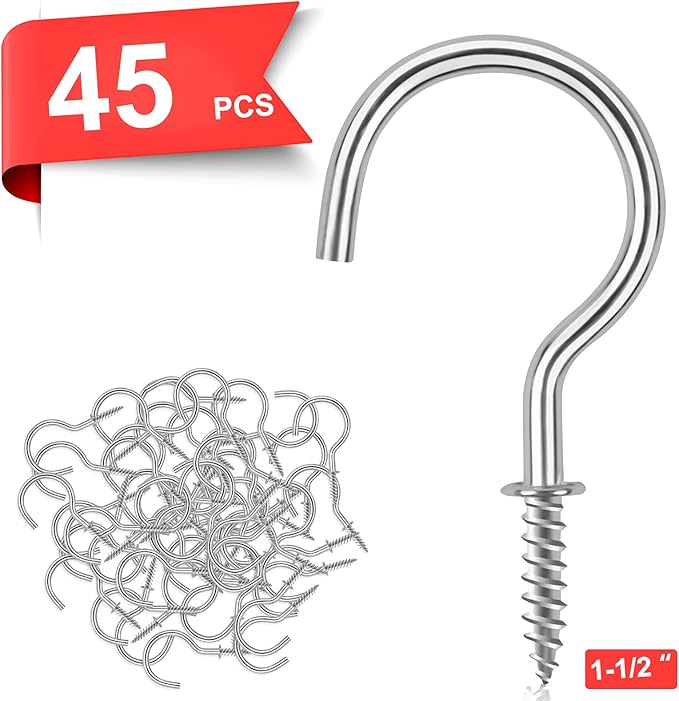 Cup Screw Hooks,1-1/2 inch Metal Screw in Ceiling Hooks 45 Pack Plant Hanger Wind Chimes Kitchen Cup Hooks Great for Hanging Indoor & Outdoor Use(Silver)