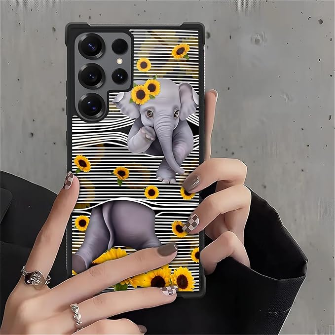 for Samsung Galaxy S25 Ultra Case,Graphic Design for Girl Boy Soft Silicone Hard Acrylic Shock Protection Designed Cute Little Elephant Sunflower White Line Art Pattern