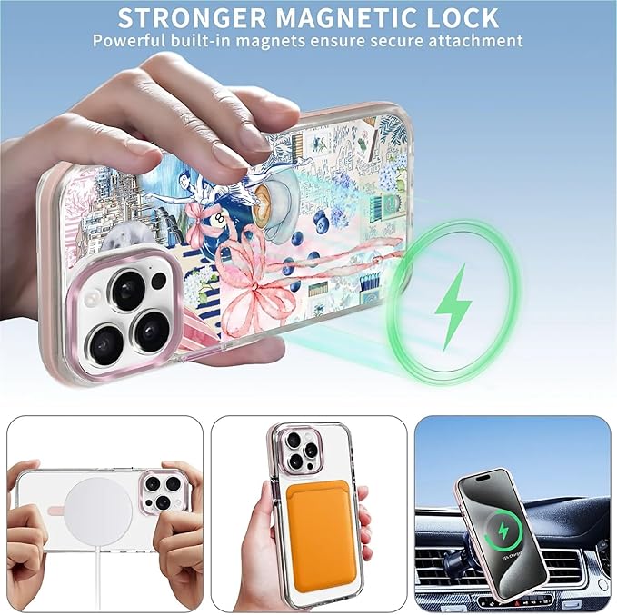 Case for iPhone 15 Pro Max,[Compatible with MagSafe],Pink Bow Girly Coquette Collage Phone Case Design，for Women Girls Magnetic Clear Cover - Slim, Sleek, & Shockproof Protection