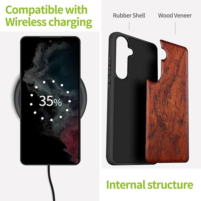 Carveit Wood Case for Galaxy S24 Plus Case [Natural Wood & Black Soft TPU] Shockproof Protective Cover Unique Wooden Design Compatible with S24 Plus (World Map-Rosy)