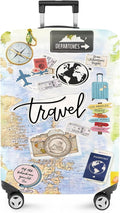 ANNA QUEEN Travel Collage Luggage Cover, World Map & Sticker Style Suitcase Protector for 24-26 Inch Travel Bags