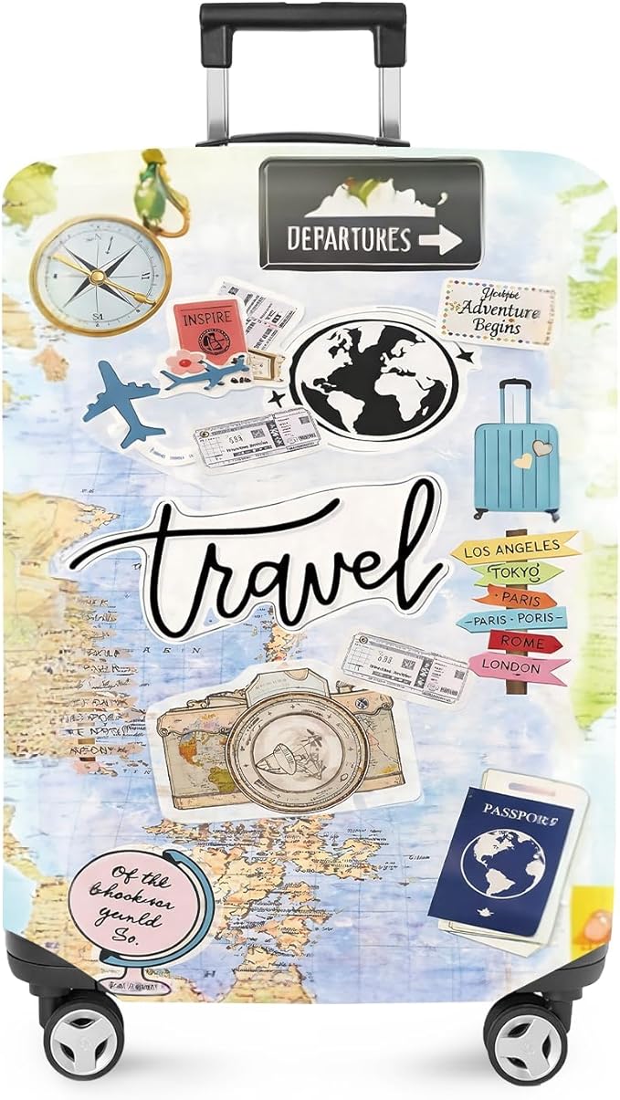 ANNA QUEEN Travel Collage Luggage Cover, World Map & Sticker Style Suitcase Protector for 28-30 Inch Travel Bags