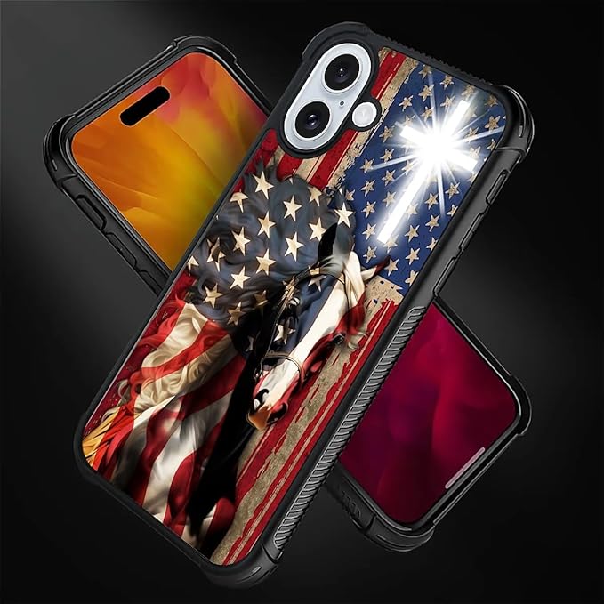 for iPhone 16 Case, Red American Flag Horse Cross Pattern Graphic Design Girl Boy Soft Silicone Hard Acrylic Shock Protection for iPhone 16