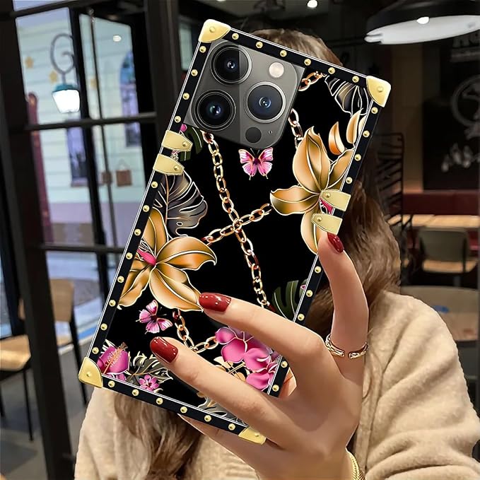 Compatible with iPhone 12 Pro Max Case, Pink Golden Chain Tropical Flower Luxury Golden Decoration for Girl Women Soft TPU Shockproof Protective Hard PC Back for iPhone 12 Pro Max
