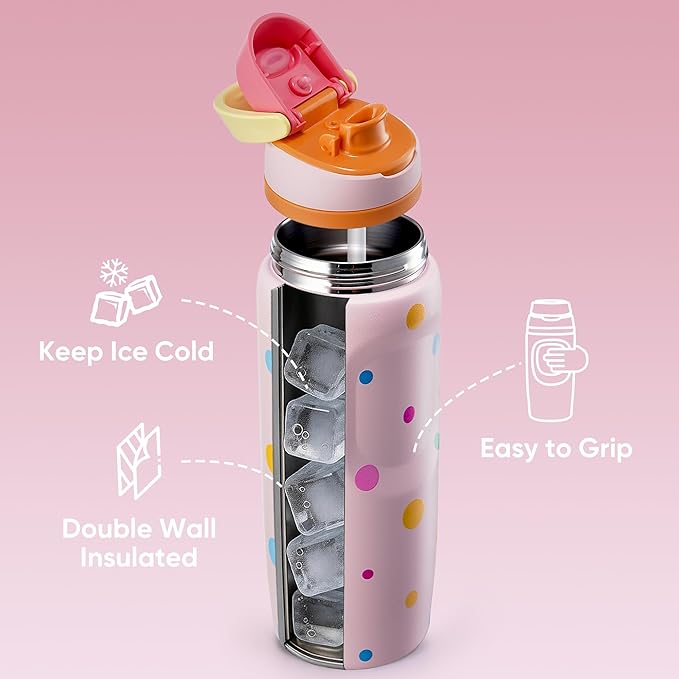 Fijinhom 24 oz Insulated Water Bottle,Stainless Steel Sports Water Bottle with Straw, Double Wall Vacuum Leak Proof, Cold for 24 Hours, BPA Free for Travel, Sport, Outdoor, Polka dot