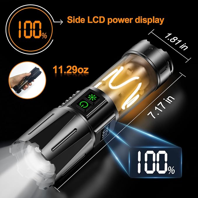 Super Bright Flashlight High Lumens 100000 Rechargeable, Powerful 50W LED, Long Lasting 30H, Daul Bottons 10Modes with Side Light, Quick USB C Charge & Output, Multi-functional for Home Camping Hiking