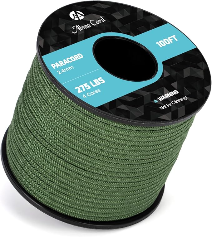 Abma Cord 2.4mm Paracord 275 100ft Nylon Rope 4 Strands Tactical Parachute Cord - Max. 275lbs - Forest Green