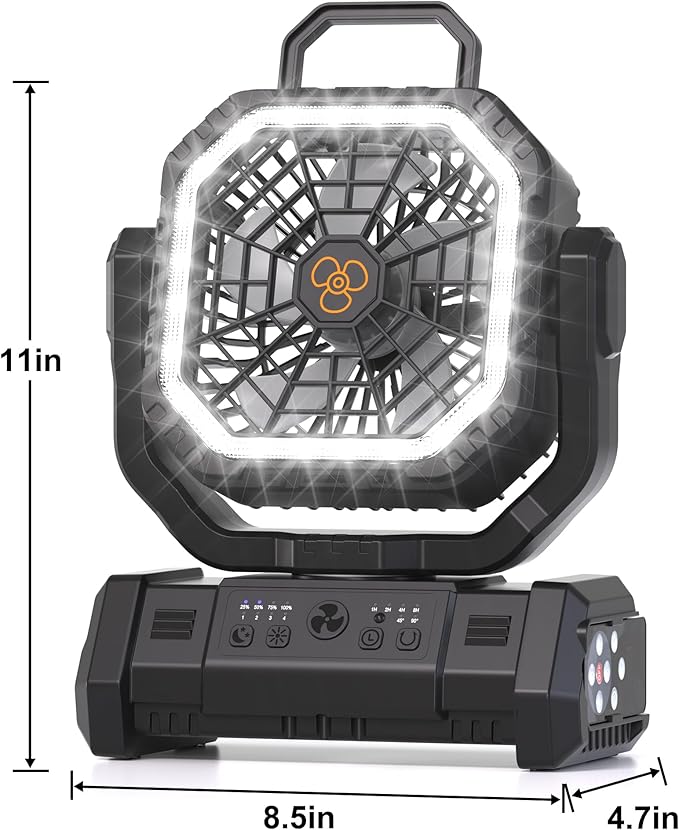 Portable Fan Rechargeable, 20000mAh Cordless Battery Powered Camping Fan with LED Light & Remote, 4 Speeds Wind, Timer, USB C, Hanging Hook, Oscillating Fans for Travel Tent, Camping Essentials