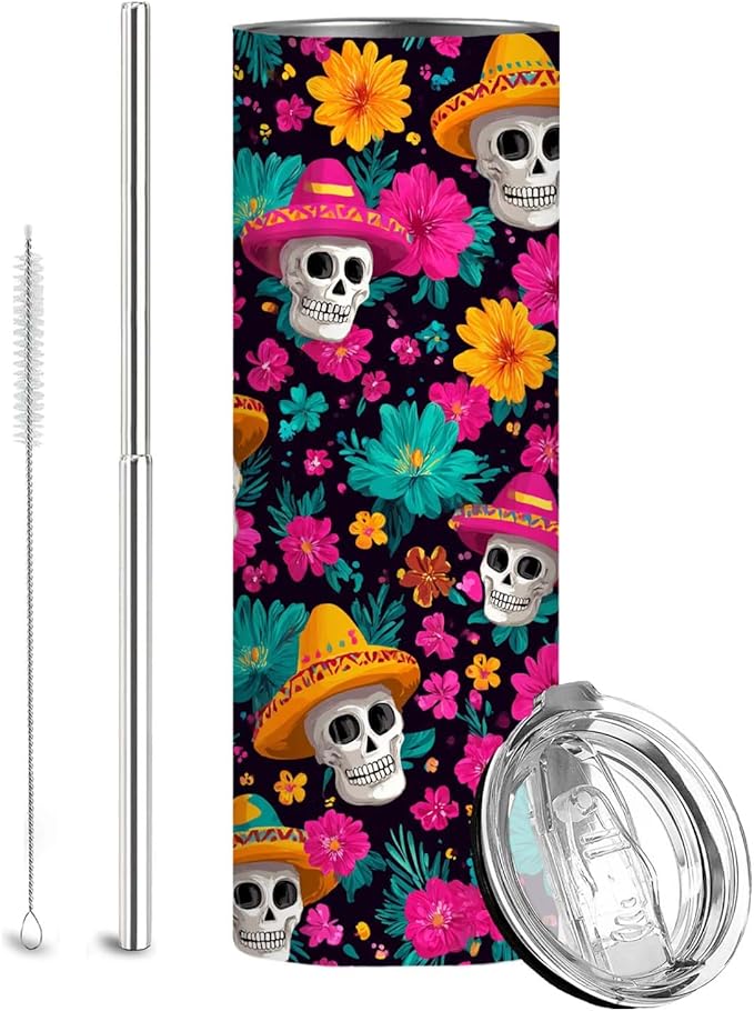 Firmiso 20 oz Tumbler｜Skinny Insulated Travel Mug｜Sombrero Skull Floral Stainless Steel Cup with Leak Proof Lid and Telescopic Straw｜Colorful Gothic Boho Drinkware｜Gift Idea for Women Men