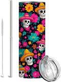 Firmiso 20 oz Tumbler｜Skinny Insulated Travel Mug｜Sombrero Skull Floral Stainless Steel Cup with Leak Proof Lid and Telescopic Straw｜Colorful Gothic Boho Drinkware｜Gift Idea for Women Men