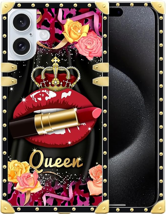 Compatible with iPhone 16 Plus Case, Queen Lip Crown Leopard Print Luxury Golden Decoration for Girl Women Soft TPU Shockproof Protective Hard PC Back for iPhone 16 Plus