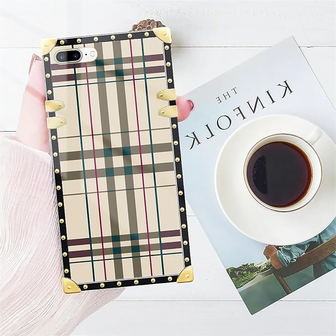 Compatible with iPhone 8 Plus 7 Plus Case, Black Red Beige Stripes Luxury Golden Decoration for Girl Women Soft TPU Shockproof Protective Hard PC Back for iPhone 8 Plus 7 Plus