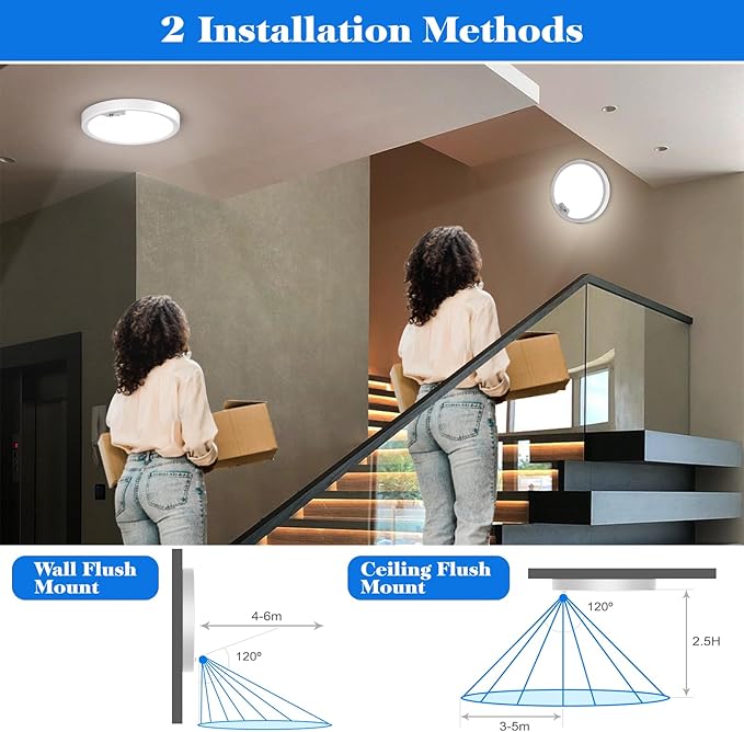 KEPLUG Motion Sensor Light Indoor Wired, 18W/1600LM Flush Mount Lighting Fixture, Round LED Light Fixtures Ceiling Mount for Stair Porch Hallway Laundry Basements, 3000k/4000k/6000k Dimmable 2 Pack