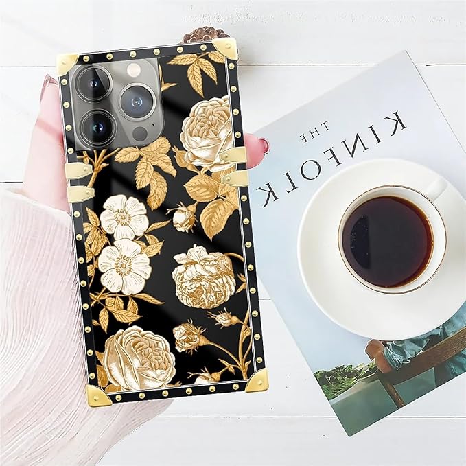 Compatible with iPhone 14 Pro Case, Blooming Rose Golden Flower Luxury Golden Decoration for Girl Women Soft TPU Shockproof Protective Hard PC Back for iPhone 14 Pro