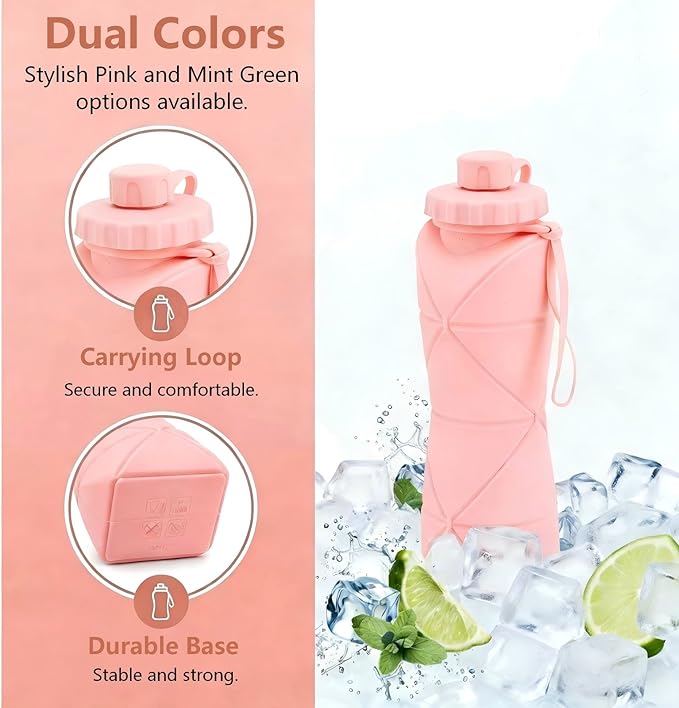 Collapsible Travel Water Bottle 20oz (600ml), BPA-Free, Foldable Silicone Lightweight Reusable Water bottle with Leak-Proof Lid & Lanyard, Portable for Travel Cycling Gym Camping (Pink)