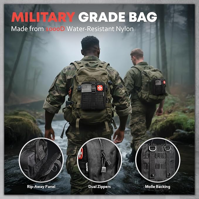 Trauma First Aid Kit - IFAK Trauma Kit with Trauma Bandage, Splint, Tourniquet, Wound Care, Bleeding Control - Tactical Molle Pouch for Military, Combat, Camping, Home, Hiking,Travel- Black