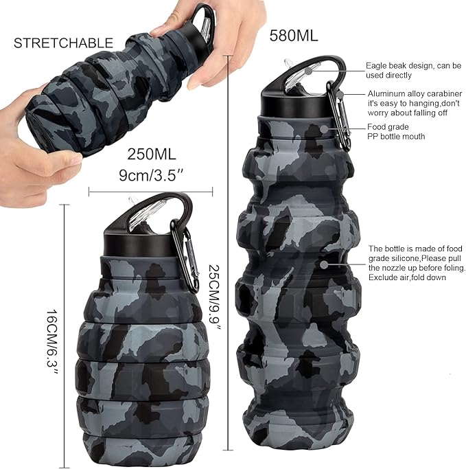Collapsible Travel Water Bottle19.6 oz, Reuseable Silicone Foldable Water Bottles for School, Office, Gym, Camping,Hiking,Portable Leak Proof Sports Water Bottle with Carabiner (Dark gray camouflage)